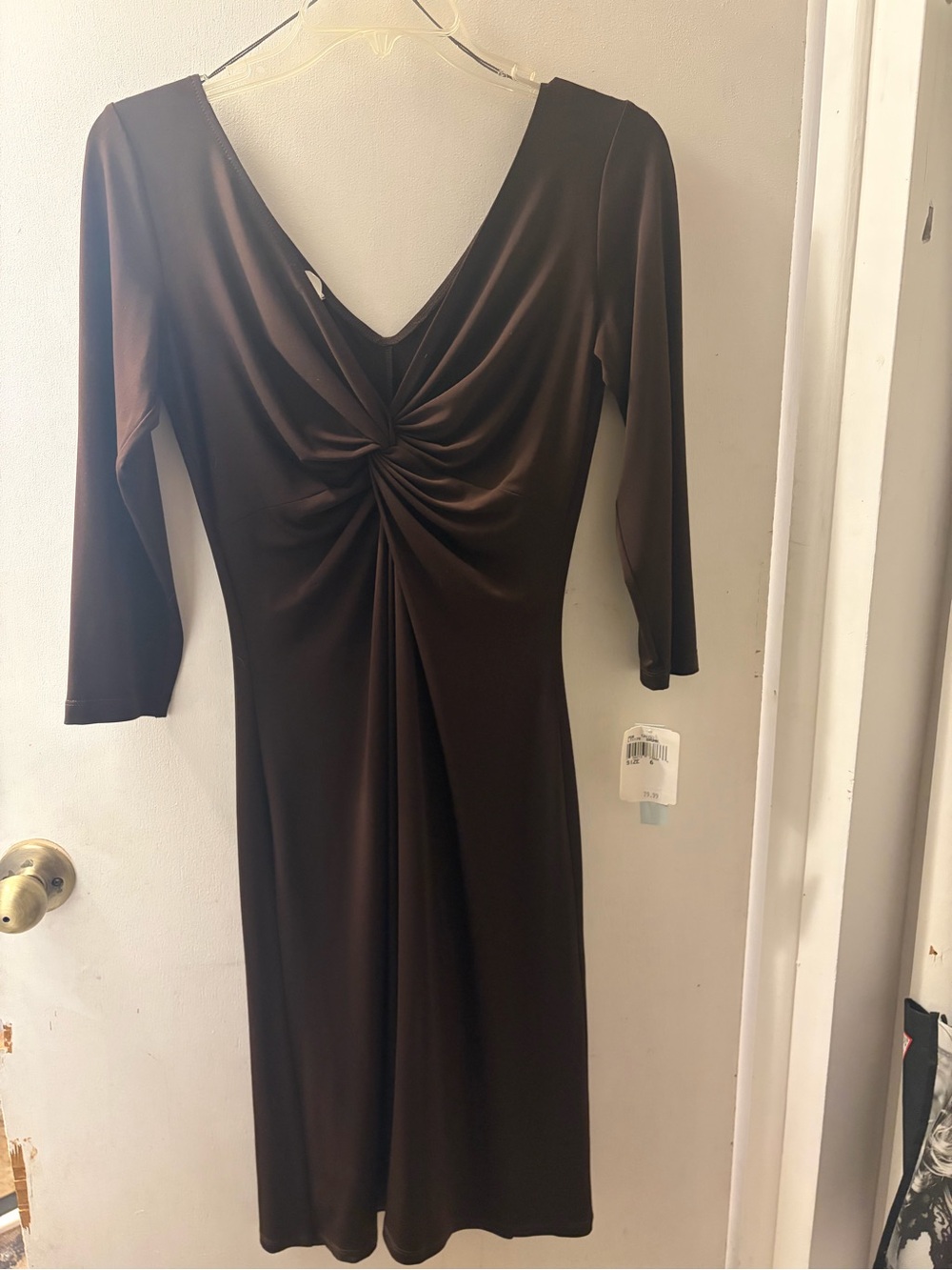 London Times Brown Long-Sleeve Twist-Front Dress